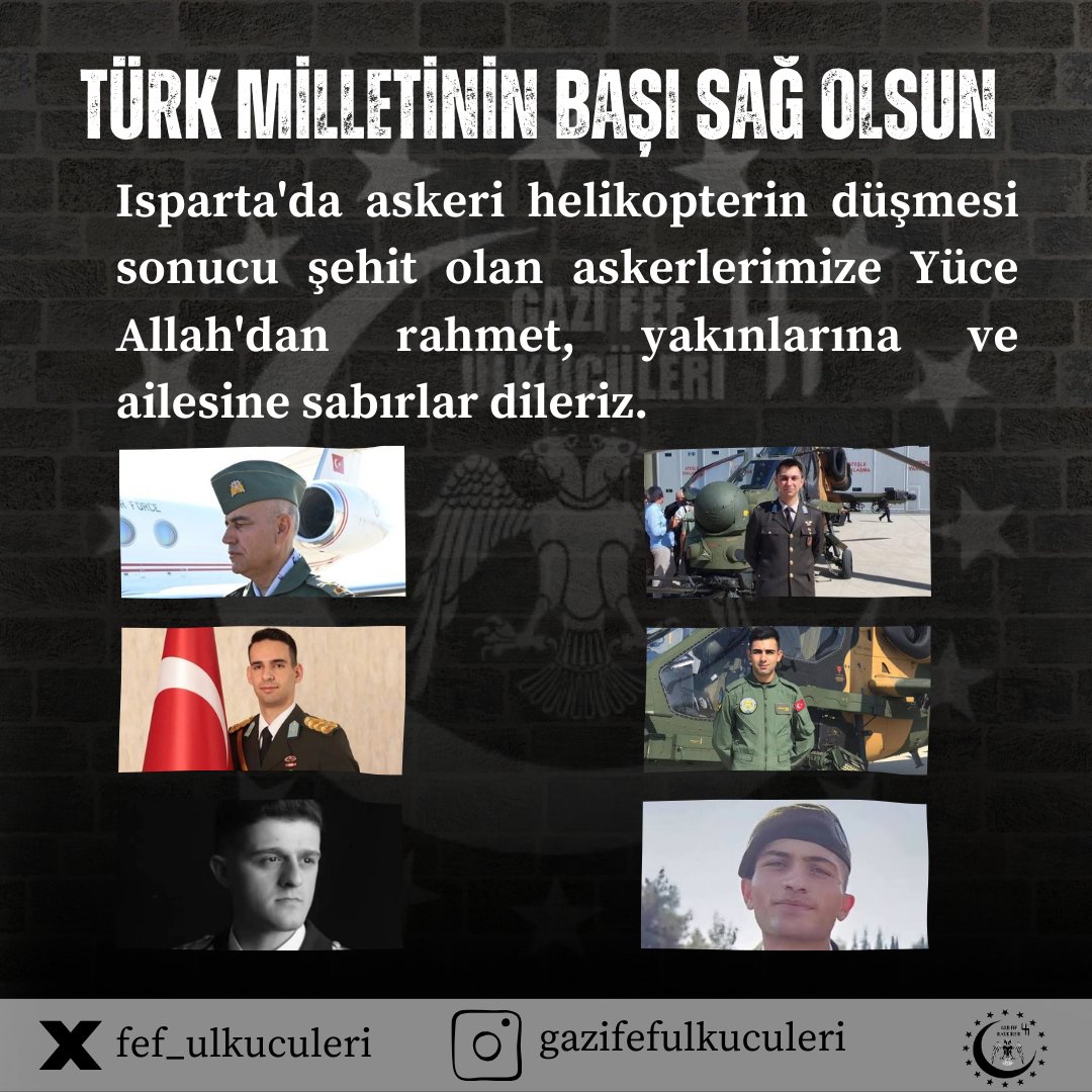 fef_ulkuculeri's tweet photo. Isparta'da askeri helikopterin düşmesi sonucu şehit olan askerlerimize Yüce Allah'dan rahmet, yakınlarına ve ailesine sabırlar diliyoruz. https://t.co/H8oIkvwLjN