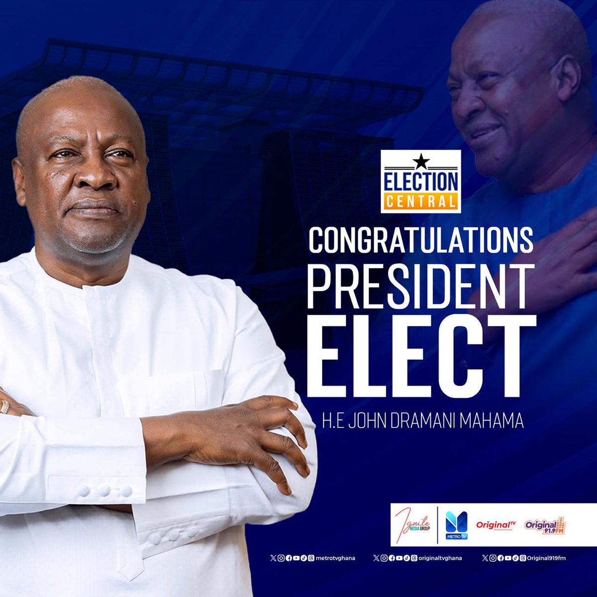 metrotvgh's tweet photo. John Dramani Mahama is the President-Elect of Ghana. Congratulations!

#MetroTV #ElectionCentral https://t.co/Vc57KmOlGp