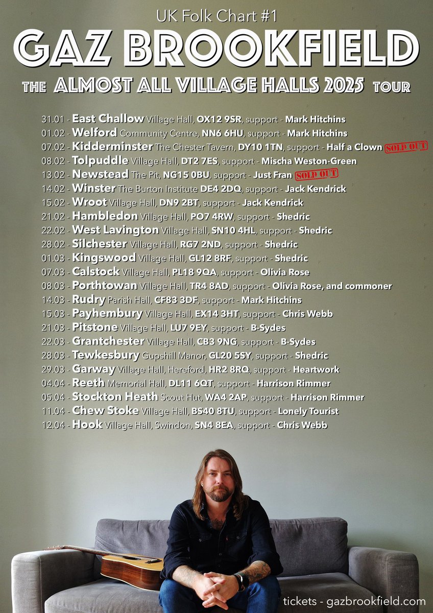 Did I mention that I’m supporting Gaz Brookfield on two shows on his ‘Almost All Village Halls 2025’ tour! 

I didn’t? Well consider yourself told!

So good news if you live in Pitstone and Grantchester (and surrounding areas)! 

🎟️ at GazBrookfield.com

Can’t wait! 

B
x