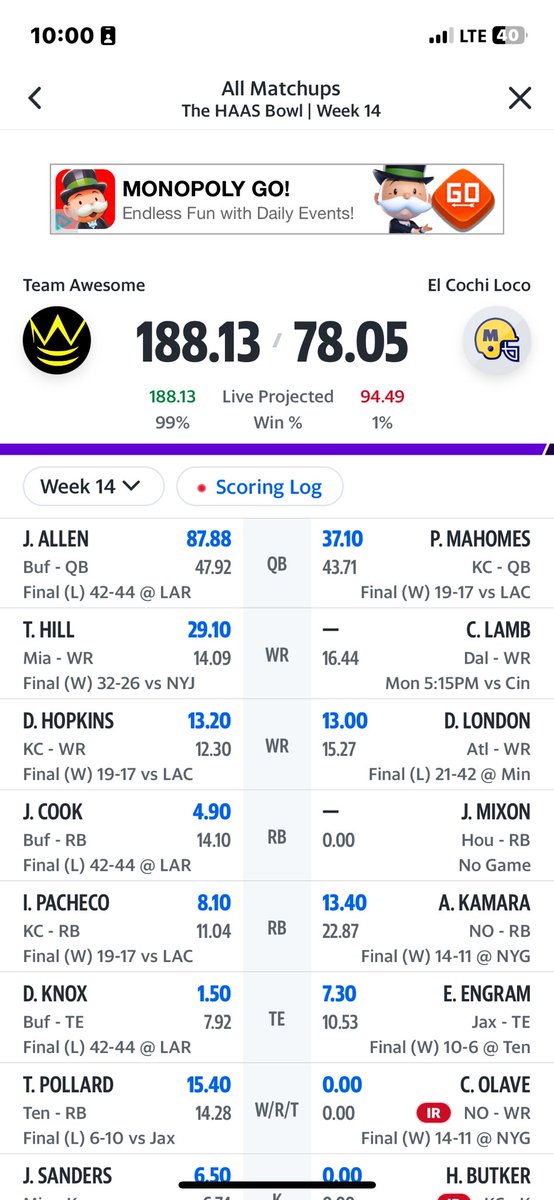 Bigdaviedave's tweet photo. @FieldYates  check out these Josh Allen scores https://t.co/W6Ybnto5nb