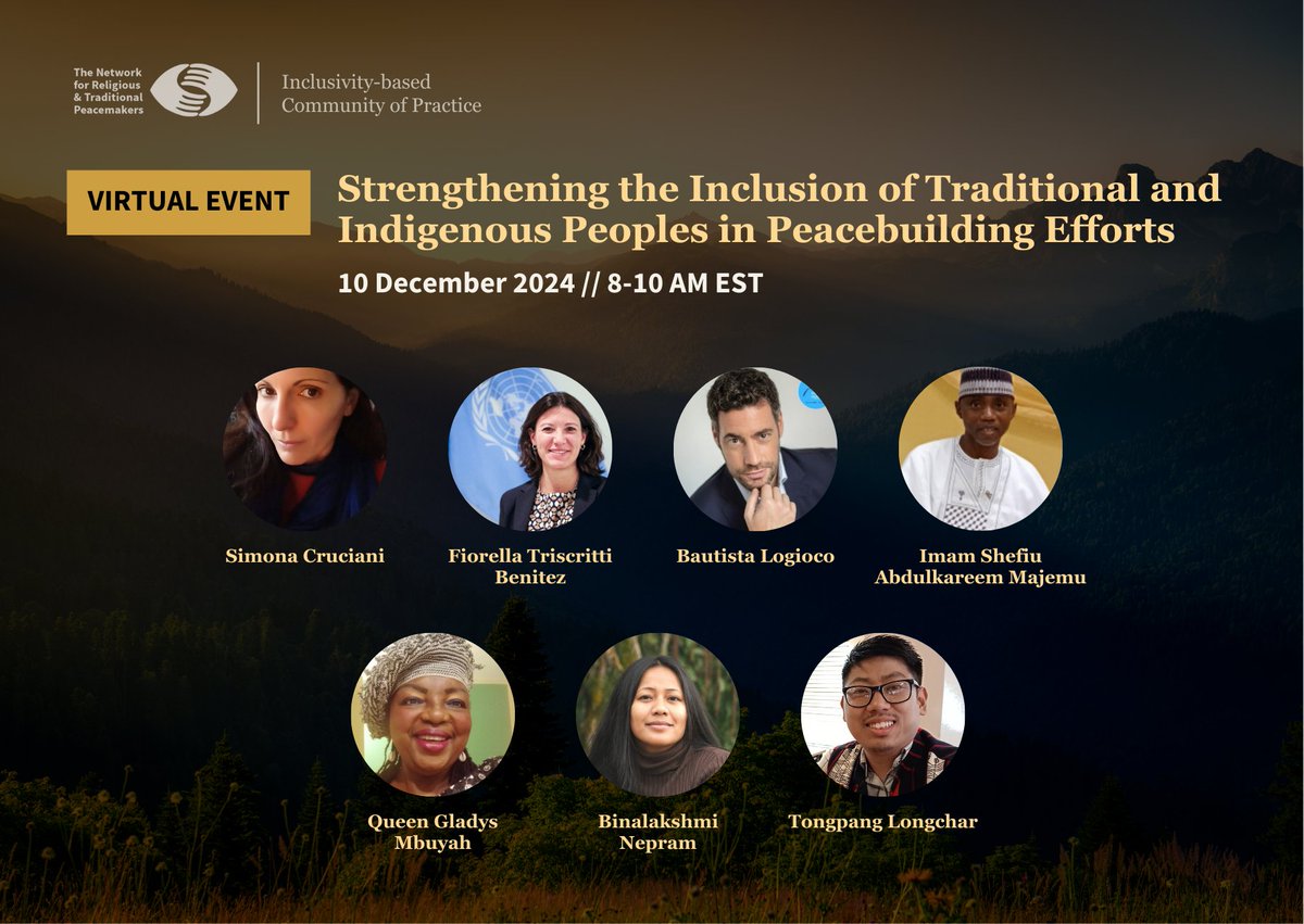 peacemakersnetw's tweet photo. 🟢TOMORROW!! Join us online at 8AM EST with:

🔹Simona Cruciani (Political Affairs Officer @UNOSAPG)
🔹Fiorella Triscritti (Political Affairs Officer @UNDPPA)
🔹@bautistalogioco (@UNDPPA)
🔹@imammajemu2 (Founder of @sddc_ni)
🔹@FriMbuyah (President, International Federation of  Women Lawyers)
🔹@BinaNepram (Founder-Director, Manipur Women Gun Survivors Network / Convenor, Global Alliance of Indigenous Peoples, Gender Justice, and Peace) and
🔹@Tongpangkumzuk (Volunteer, Initiatives of Change India)

for a fruitful conversation, addressing the primary obstacles Traditional and/or Indigenous Peoples face when attempting to mobilize peace, and success stories from initiatives already being implemented.

🌱Register here https://t.co/TycF19zGEC
