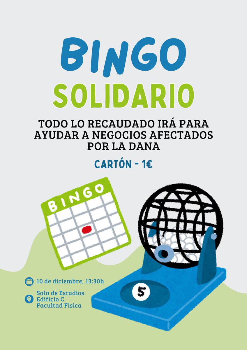 No os olvidéis del bingo de mañana😬, estaremos hasta las 15:00h, pasaros sin ningún compromiso, toda contribución es bienvenida junto a un poco de diversión.

Ver unos cuantos números de vez en cuando no está tan mal ¿no? 

 ¡Esperamos veros allí!
 
⌛. 13:30h