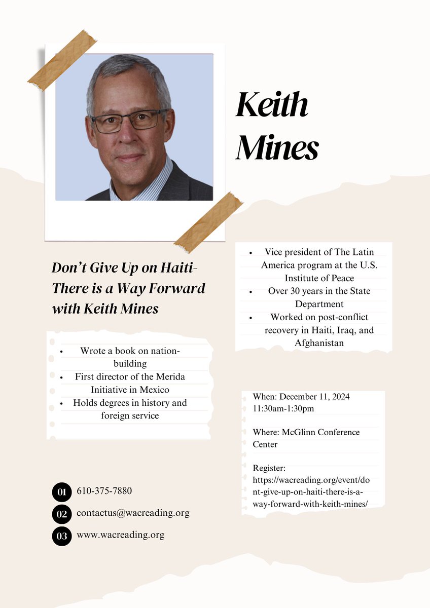 WACReading's tweet image. Don’t miss the chance to hear Keith Mines, VP at USIP, share insights from his 32-year career in conflict resolution, nation-building, and global stability, this Wednesday December 11th! 

🕰️ 11:30am-1:30pm
📍 McGlinn Conference Center 

wacreading.org/event/dont-giv…