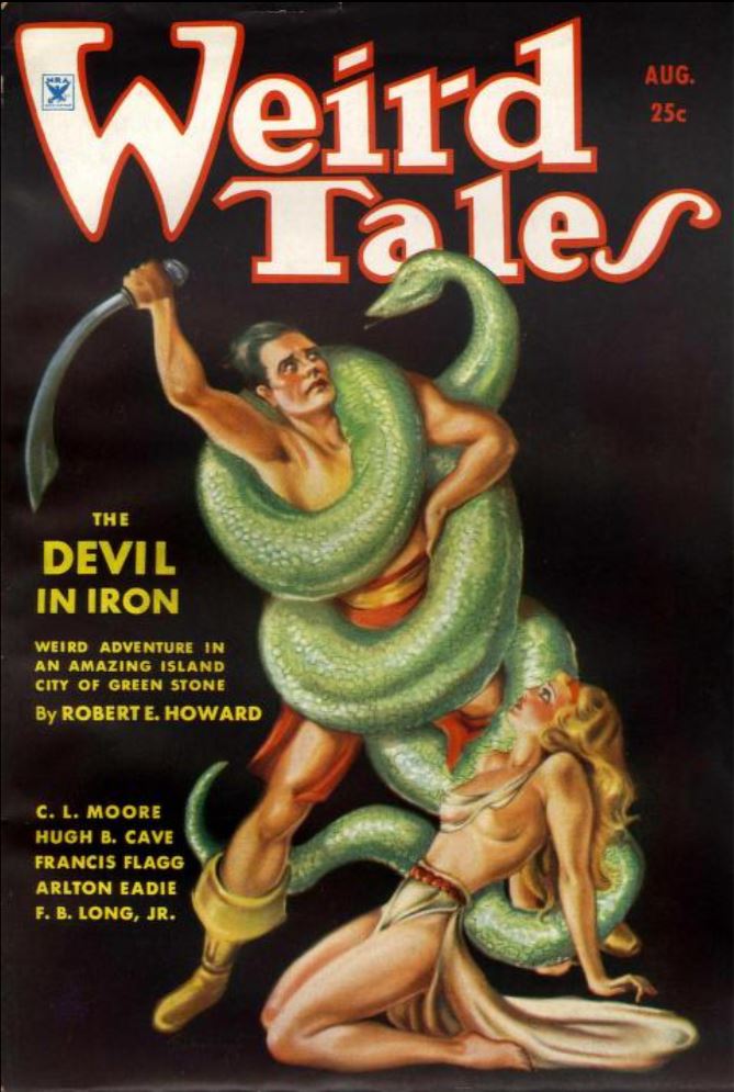 PaprbackWarrior's tweet image. Robert E. Howard&apos;s Conan short “The Devil in Iron” first appeared in the August 1934 issue of Weird Tales. Read the review at shorturl.at/SC4H7. #books #pulps