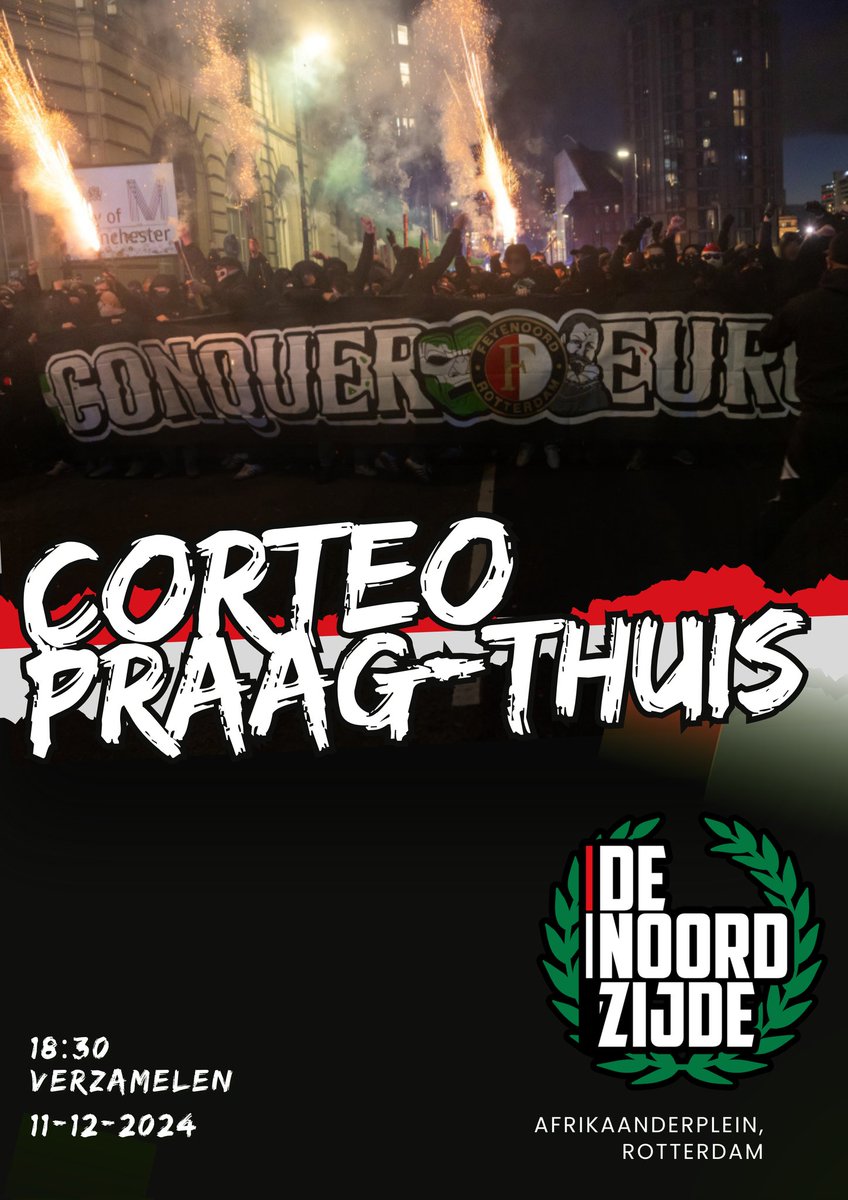 Champions league info!

Tijd: 18:30 
Datum: 11-12-2024
Locatie: Afrikaanderplein

Woensdag massale corteo voor Sparta Praag thuis!

Onze warming-up begint op het Afrikaanderplein, de kelen zijn gesmeerd en warm gedraaid voor het echte werk op de tribune. 

WIJ ZIJN FEYENOORD!