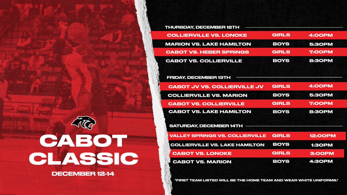 🏀Cabot Classic 🏀
The Classic begins at 4:00 p.m. Thursday, December 12th in <a href="/CabotHigh/">Cabot High School</a> Panther Arena. 
Schedule ▶️ tinyurl.com/3fusd4yk
<a href="/CabotAT/">Jason Cates LAT, ATC, ESSAT-C</a> <a href="/cabotgirlsbb/">Cabot Lady Panther Basketball</a> <a href="/CabotBasketball/">Cabot Panther Basketball</a> <a href="/cabotsd/">Cabot Public Schools</a> <a href="/ChadBurke4/">Chad Burke</a> <a href="/CabotHighTV/">CHTV</a> <a href="/chtv_sports/">CHTV SPORTS</a> <a href="/ldypanthercoach/">Jay Cook</a> <a href="/cgill32/">Carson Gill</a> <a href="/DrTofCabot/">Dr. Tony Thurman</a> <a href="/keithmxatc/">Keith Shireman, ATC/LAT, ESSAT-C</a>