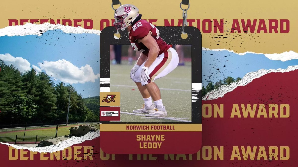Norwich University (@norwichnews) on Twitter photo Tonight is the night! Watch as senior <a href="/NorwichFB/">Norwich Football</a> linebacker Shayne Leddy is awarded the <a href="/CTouchdownClub/">CLT Touchdown Club</a> 2024 Defender of the Nation Award!
Tune in to watch the 2024 Bronko Nagurski Trophy award ceremony live today at 7:00pm EST.
🎥: bit.ly/4g74fVe Tonight is the night! Watch as senior <a href="/NorwichFB/">Norwich Football</a> linebacker Shayne Leddy is awarded the <a href="/CTouchdownClub/">CLT Touchdown Club</a> 2024 Defender of the Nation Award!
Tune in to watch the 2024 Bronko Nagurski Trophy award ceremony live today at 7:00pm EST.
🎥: bit.ly/4g74fVe