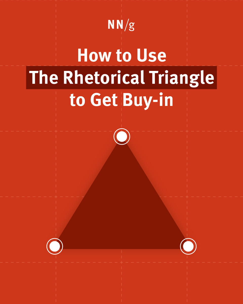 NNgroup's tweet image. Remember the rhetorical triangle? Well it's not just for essays. They’re key to winning #stakeholder support!

Ethos: Build credibility w/ expertise &amp;amp; data
Logos: Use logic &amp;amp; metrics
Pathos: Connect emotionally w/ storytelling

Read more: bit.ly/3ZBrO2W
#Strategy #UX