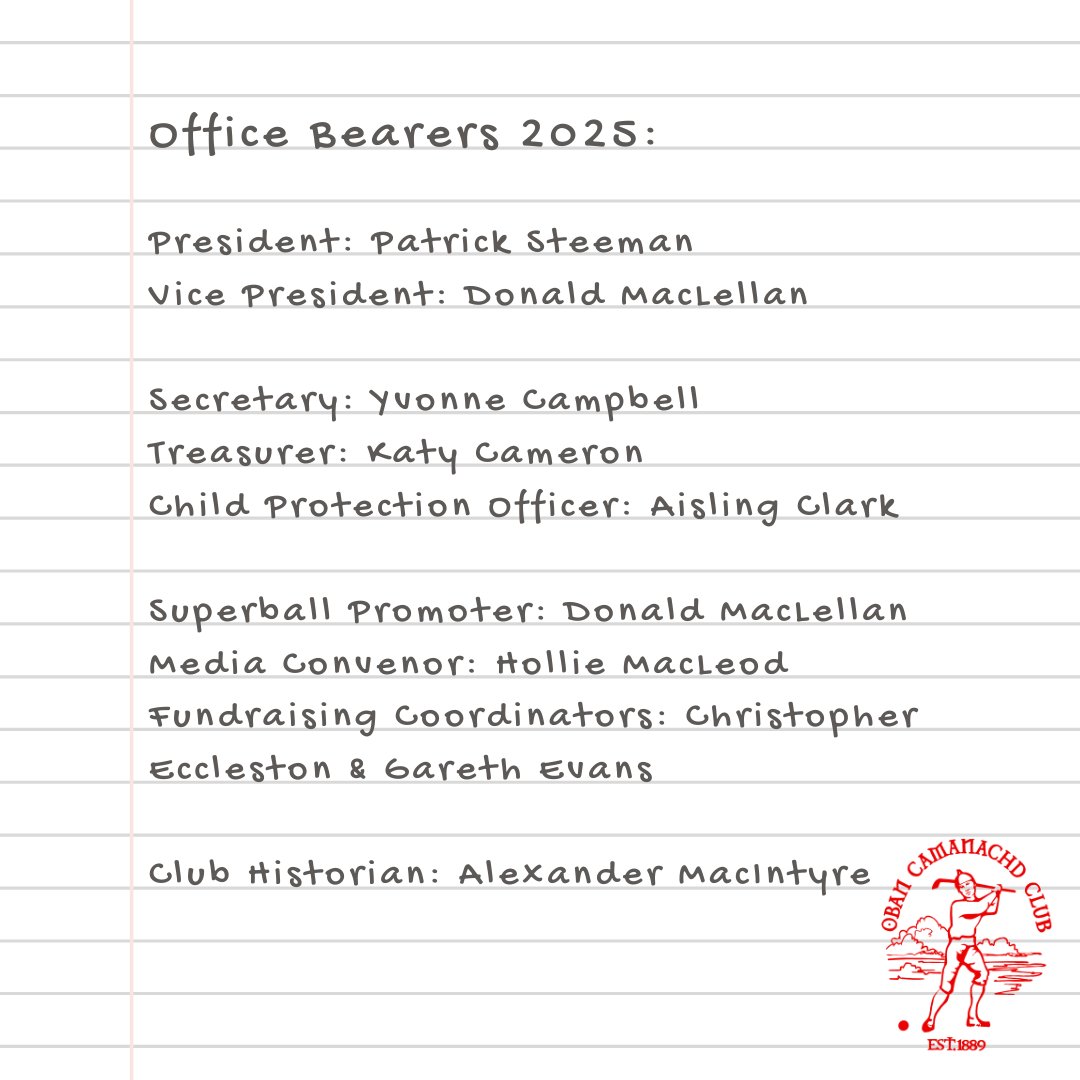 Oban Camanachd Club held their Annual General Meeting on Friday 6th December 2024 at the Rockfield Centre, Oban. 

Office Bearers and Coaching Staff for the 2025 season were appointed, appointees can be seen attached.

Thanks to all who attended!

🔴⚫️