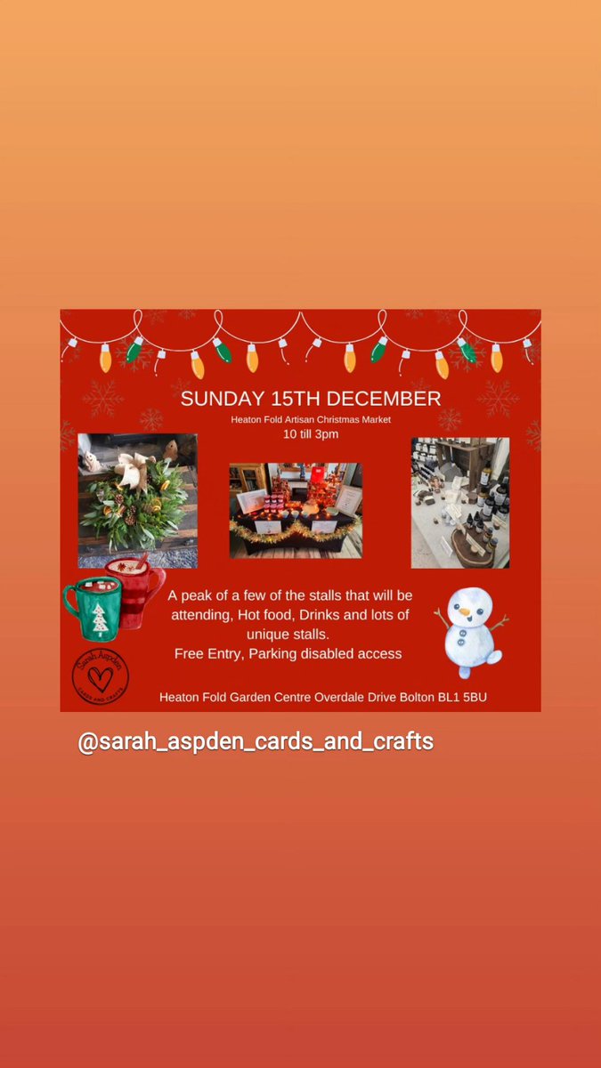 Sarah13864699's tweet photo. Sunday 15th December 10till3pm @HeatonFold lots of unique stalls.  Hot food, drinks. Free entry, parking with disabled access @BoltonFM @BoostingBolton @stallfinder https://t.co/K5FxUbj92n