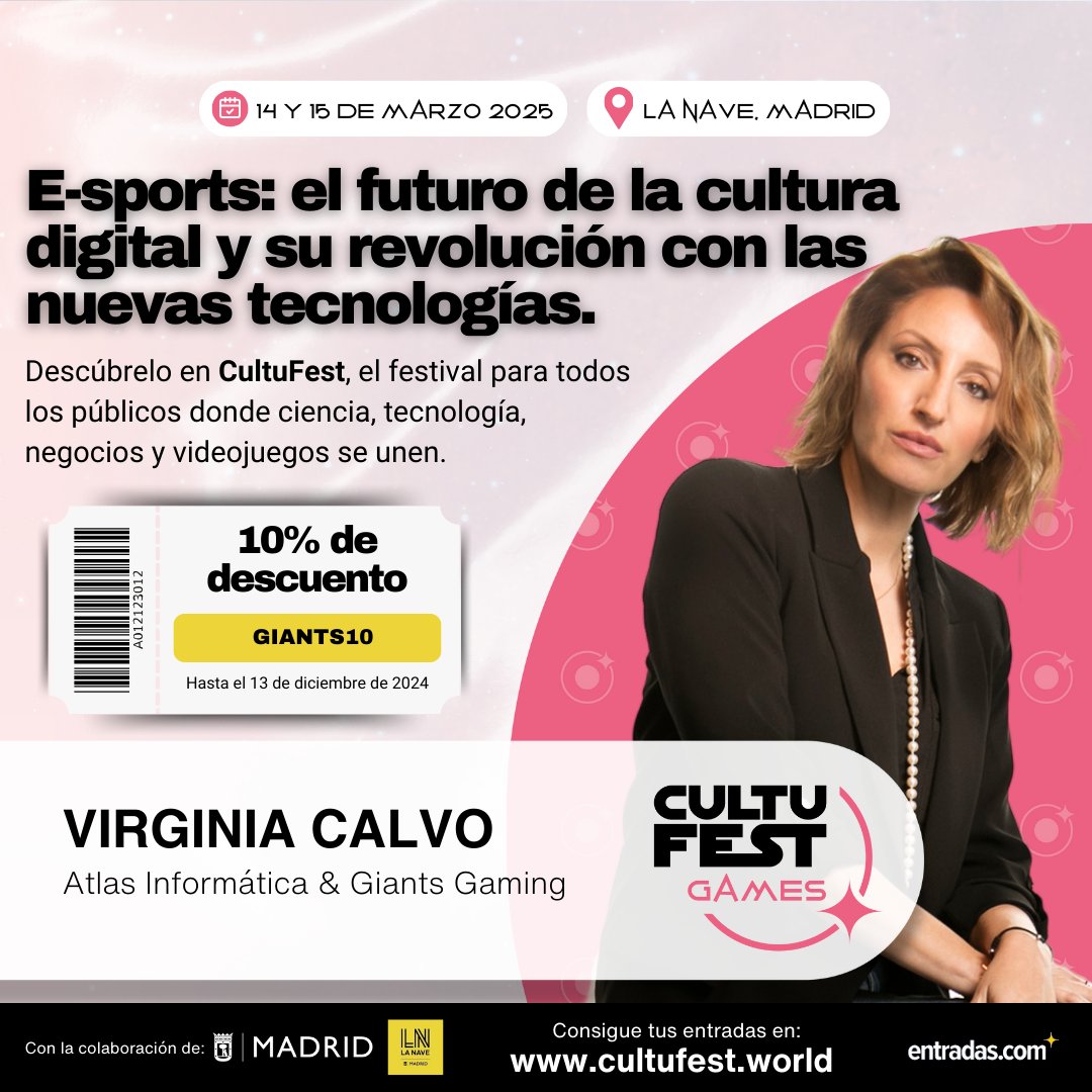 <a href="/calvo_virginia/">Virginia Calvo</a> , CEO de <a href="/GIANTXES/">GIANTX</a>  y Atlas Informática estará en CultuFest 2025, con su charla 🗣️ E-sports: el futuro de la cultura digital y su revolución con las nuevas tecnologías.

📅 14 y 15 de marzo
📍 La Nave, Madrid

🎟 Entradas ya a la venta 👉 cultufest.world