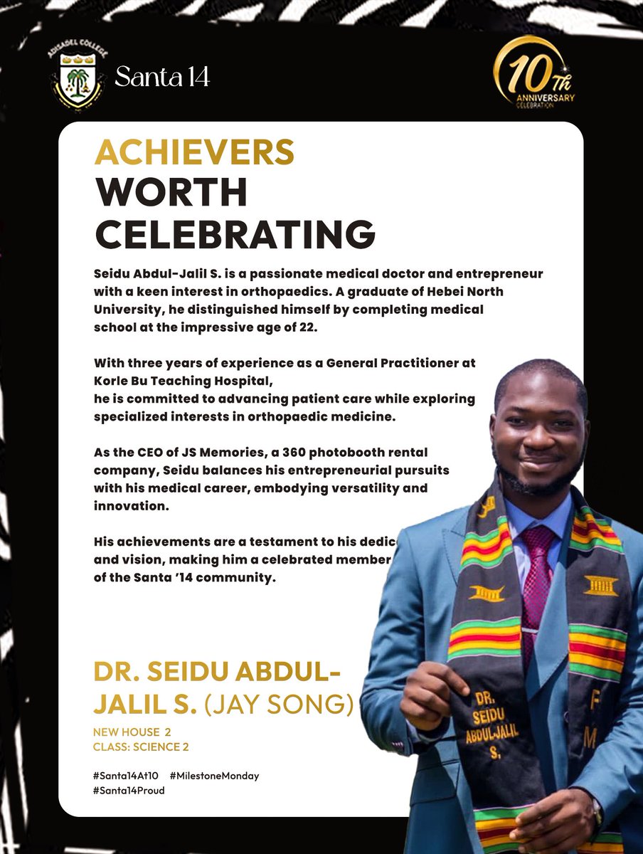 Adisadel14's tweet photo. Spotlighting Greatness! 

Our final achievers worth celebrating for the day are Yekini Ali Tetteh and Dr. Seidu Abdul-Jalil. 

Proud moments for us all as we celebrate their achievements.

@At_Yekini 

#Santa14At10 
#MilestoneMonday 
#Santa14Proud https://t.co/8OLR4i8mdm