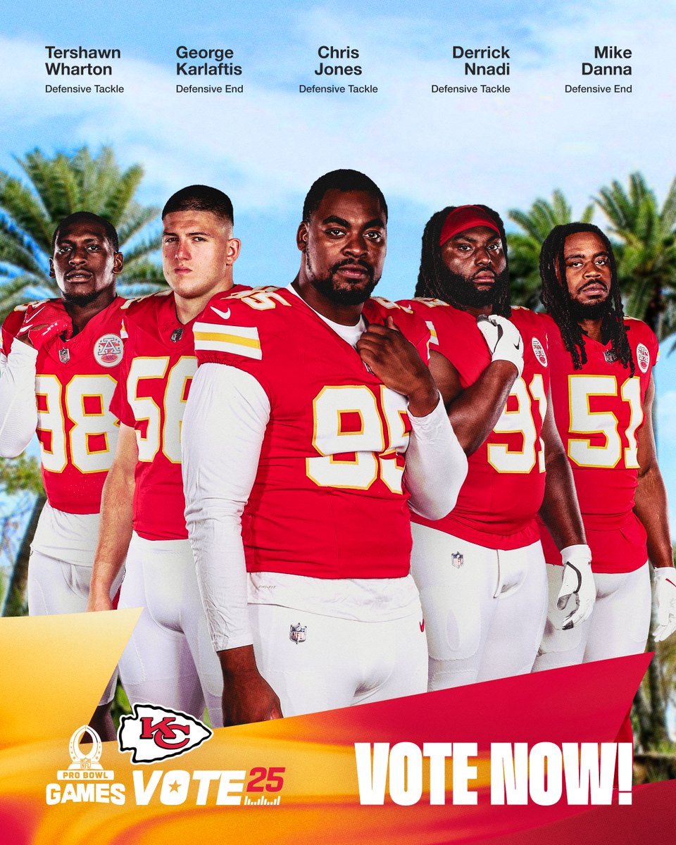 Kansas City Chiefs (@chiefs) on Twitter photo Pressure’s on. Vote for our DL with a RT!
#ProBowlVote + Chris Jones
#ProBowlVote + <a href="/DerrickNnadi/">Derrick Nnadi 🇳🇬</a>
#ProBowlVote + <a href="/1kingturk__/">Turk Chop</a>
#ProBowlVote + <a href="/M_Danna4/">Mike Danna</a>
#ProBowlVote + <a href="/TheGK3/">George Karlaftis III</a> Pressure’s on. Vote for our DL with a RT!
#ProBowlVote + Chris Jones
#ProBowlVote + <a href="/DerrickNnadi/">Derrick Nnadi 🇳🇬</a>
#ProBowlVote + <a href="/1kingturk__/">Turk Chop</a>
#ProBowlVote + <a href="/M_Danna4/">Mike Danna</a>
#ProBowlVote + <a href="/TheGK3/">George Karlaftis III</a>