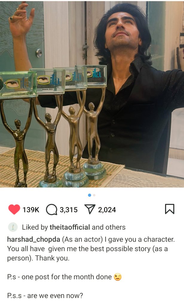 Ta-da! 🏆 Congratulations to <a href="/ChopdaHarshad/">Harshad Chopda</a> for winning Best Actor (Popular) yet again! Your caption says it all—what a beautiful balance of giving and receiving. Here’s to many more stories and victories ahead.🥳
  #HarshadChopda #ITA2024