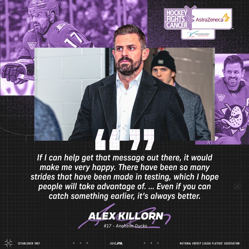 NHLPA's tweet photo. Personally touched by cancer through the loss of friends and grandparents, Alex Killorn knows the importance of early detection. 

More from the @AnaheimDucks winger and #HockeyFightsCancer Champion on screening awareness and the #GetBodyChecked campaign 👇