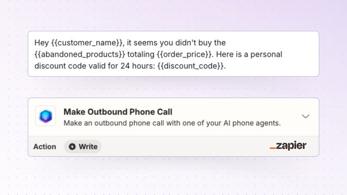 New: Personalize AI outbound calls 🎉

When you make an outbound phone call with your AI phone agent, you can now send dynamic variables to the agent!

The Zapier app V2 also has this.