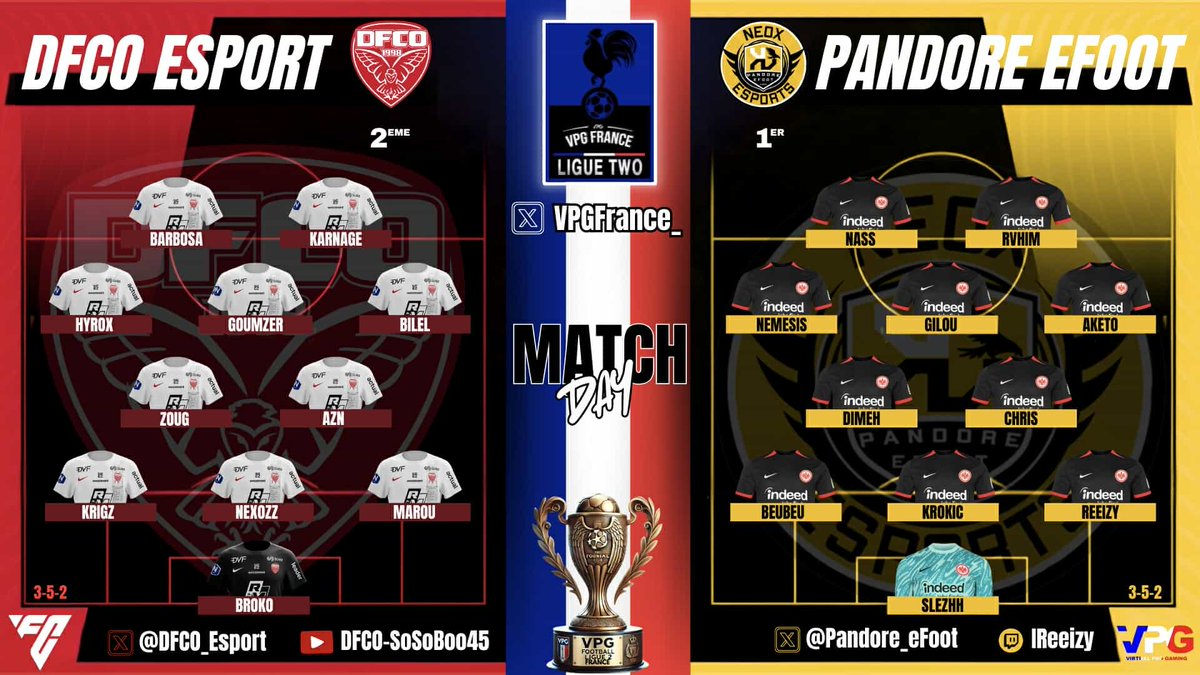 VPG France (@vpgfrance_) on Twitter photo Voici les 2 compo de ce soir pour ce choc de ligue 2 entre <a href="/Pandore_eFoot/">Pandore eFoot</a> et <a href="/DFCO_Esport/">Dijon FCO Esport</a>
Un pas vers le titre.....pour ces 2 clubs...
⏰️ 21:20
Stream PANDORE
twitch.tv/lreeizy?sr=a
<a href="/Reeizy_/">lReeizy</a>
By gfx <a href="/Ludoviikk_/">𝗟𝘂𝗱𝗼𝘃𝗶𝗶𝗸𝗸 🇫🇷</a> Voici les 2 compo de ce soir pour ce choc de ligue 2 entre <a href="/Pandore_eFoot/">Pandore eFoot</a> et <a href="/DFCO_Esport/">Dijon FCO Esport</a>
Un pas vers le titre.....pour ces 2 clubs...
⏰️ 21:20
Stream PANDORE
twitch.tv/lreeizy?sr=a
<a href="/Reeizy_/">lReeizy</a>
By gfx <a href="/Ludoviikk_/">𝗟𝘂𝗱𝗼𝘃𝗶𝗶𝗸𝗸 🇫🇷</a>