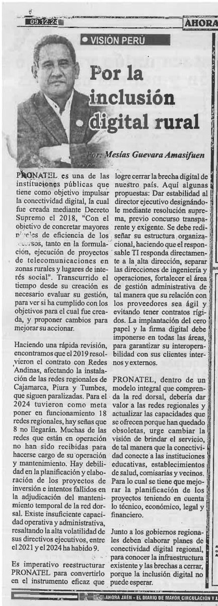 MesiasGuevara's tweet photo. La inclusión digital rural no puede esperar, urge reestructurar @Pronatel_Peru, para hacer más eficaz su accionar,  aqui algunas propuestas. @MTC_GobPeru @CEPLAN2050 @PeruPaisDigital @ConcytecPeru @PNUDperu @el_BID @BancoMundial @gizperu @pcmperu https://t.co/81R8aqdZhm