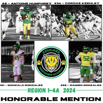 Congratulations to RB Antoine Humphrey, DE Cordae Keehley, OLB Gonzalo Gonzalez, &amp; DL Damien Gonzalez on being named All-Region 1-4A Honorable Mention