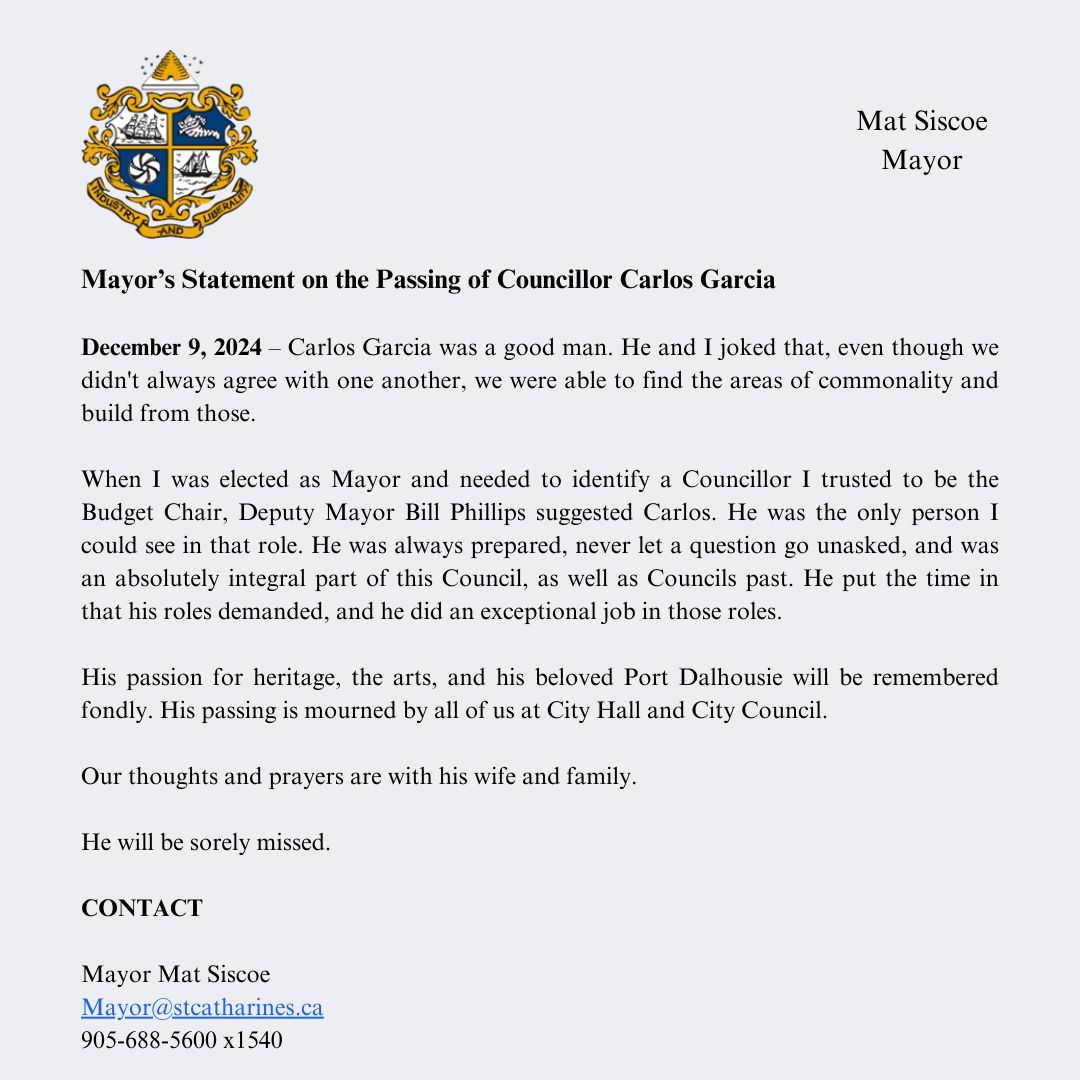 With heavy hearts, we mourn the loss of Councillor Carlos Garcia. Our thoughts are with his loved ones.