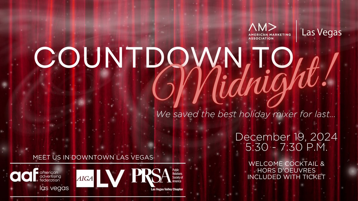 PRSA Las Vegas Chapter (@prsalasvegas) on Twitter photo Join us Dec. 19 for our annual joint holiday mixer with <a href="/AMALV/">AMA Las Vegas</a>, <a href="/aigalasvegas/">AIGA Las Vegas</a>, and <a href="/AAFLasVegas/">AAF Las Vegas</a>! Mix, mingle, and celebrate the holiday season with fellow marketing pros and creatives. Spots are limited, so don't wait - grab your tickets today: amalasvegas.com/event/countdow… Join us Dec. 19 for our annual joint holiday mixer with <a href="/AMALV/">AMA Las Vegas</a>, <a href="/aigalasvegas/">AIGA Las Vegas</a>, and <a href="/AAFLasVegas/">AAF Las Vegas</a>! Mix, mingle, and celebrate the holiday season with fellow marketing pros and creatives. Spots are limited, so don't wait - grab your tickets today: amalasvegas.com/event/countdow…