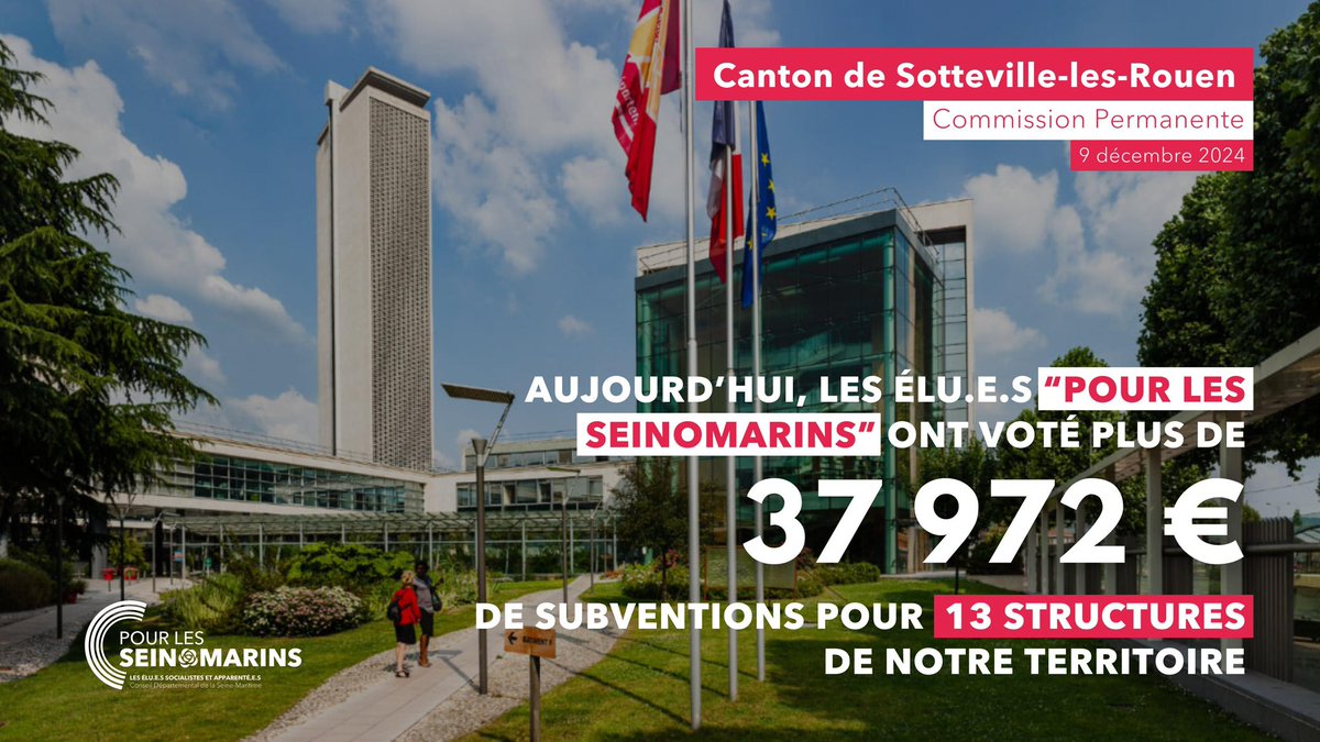 🏛️ En Commission Permanente au Département <a href="/seinemaritime/">Seine-Maritime</a>, les élus <a href="/les_seinomarins/">Pour les Seinomarins</a> ont voté plus de 25M€ de subventions pour 856 structures.

➡️ Pour le canton de Sotteville-les-Rouen, cela représente 37 972 € de subventions répartis pour 13 structures de notre territoire ✅