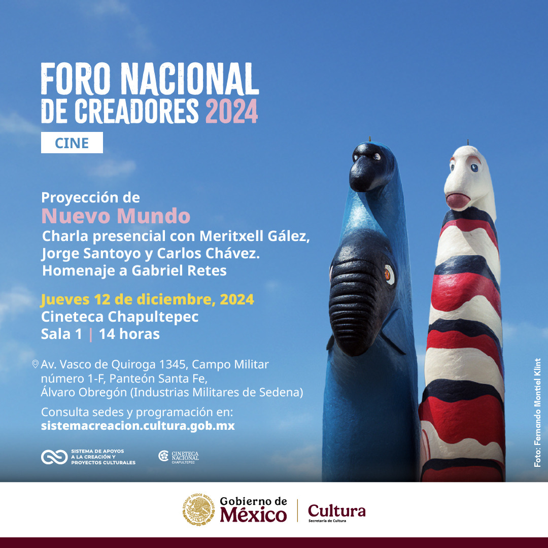 SistemaCreacion's tweet photo. En homenaje a Gabriel Retes se proyectará "Nuevo Mundo". Disfruta el filme y la charla con Meritxell Gález, Jorge Santoyo y Carlos Chávez en la @CinetecaMexico Chapultepec.

12 de diciembre, 14 h
Entrada libre
Llega a través de la Línea 3 del Cablebús

#ForoCreadores
@cultura_mx https://t.co/vLg3jz1Eu6