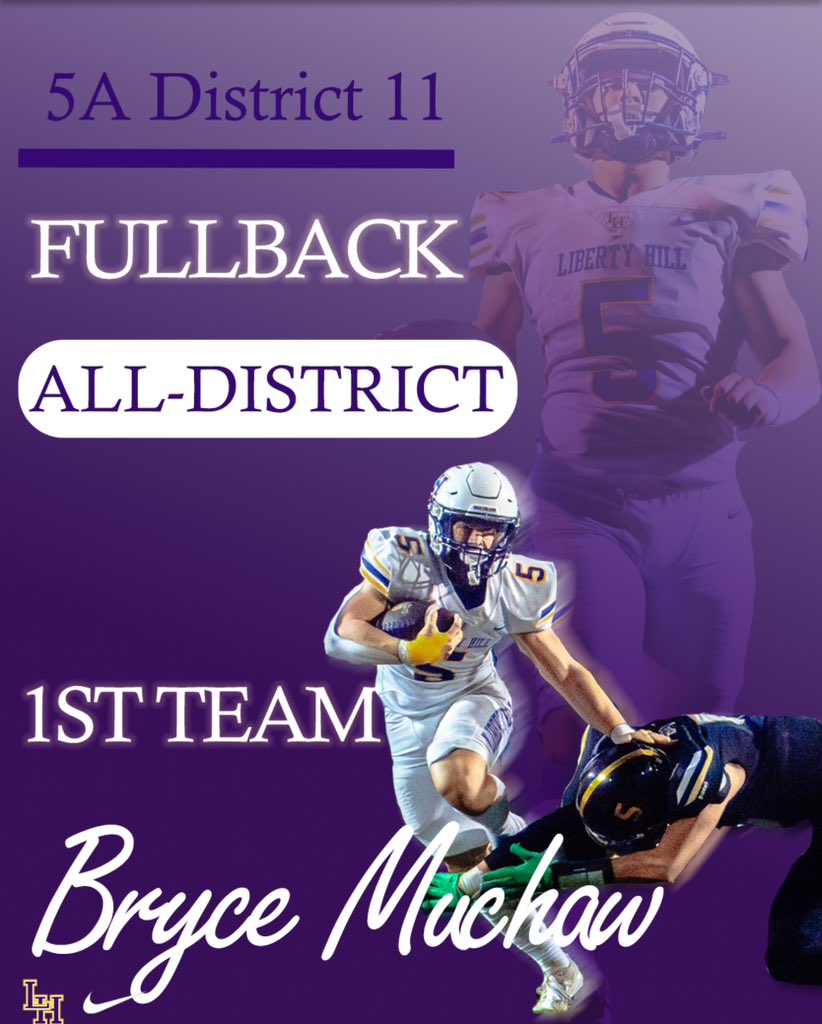 Liberty Hill Football (@lh_panthers_fb) on Twitter photo Congratulations to <a href="/BryceMuchaw/">Bryce Muchaw</a> for a great junior year and being recognized as 1st Team Fullback for the district. Proud of you and excited to see what you do next year ! 🤟 Congratulations to <a href="/BryceMuchaw/">Bryce Muchaw</a> for a great junior year and being recognized as 1st Team Fullback for the district. Proud of you and excited to see what you do next year ! 🤟