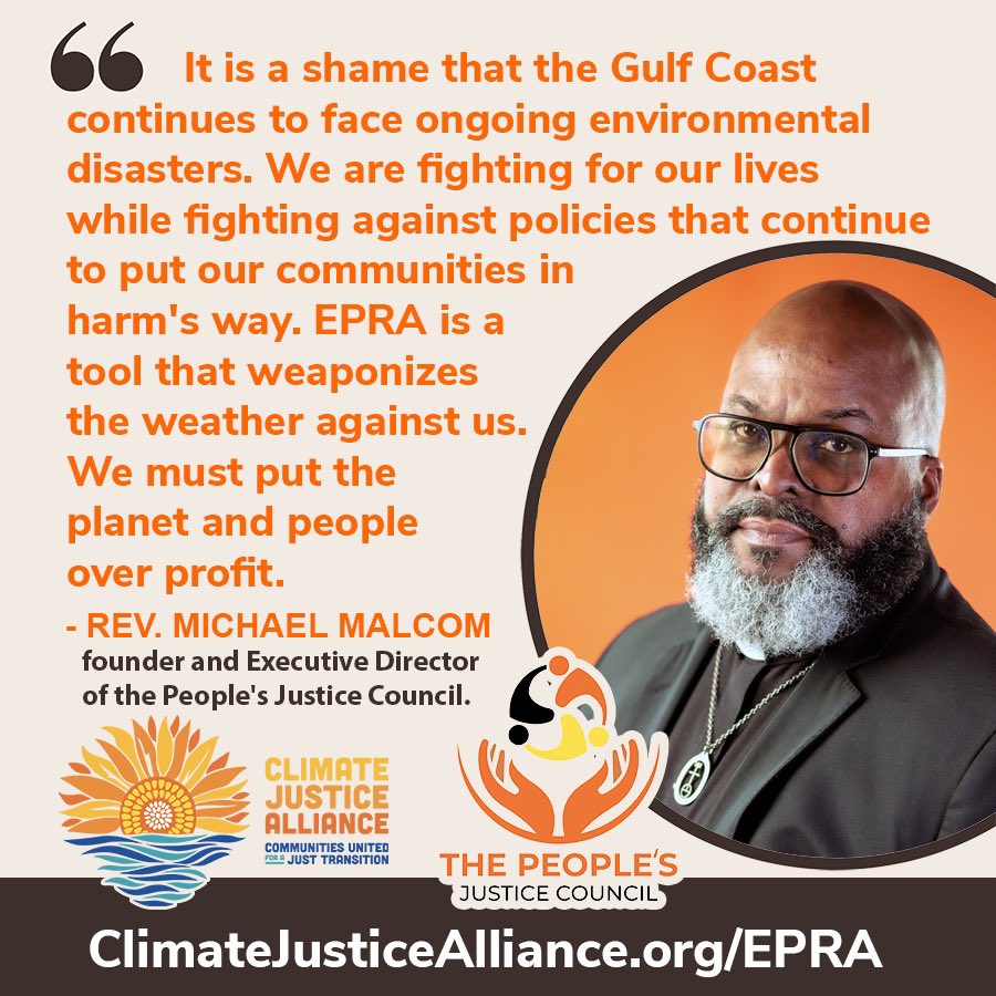 Climate Justice Alliance (CJA) 🌻 (@cjaourpower) on Twitter photo The Manchin/Barrasso Energy Permitting Reform Act, the #DirtyDeal that fast-tracks fossil fuel projects by eliminating community decision-making power—is still up for consideration in Congress.
Learn more and take action: ClimateJusticeAlliance.org/epra The Manchin/Barrasso Energy Permitting Reform Act, the #DirtyDeal that fast-tracks fossil fuel projects by eliminating community decision-making power—is still up for consideration in Congress.
Learn more and take action: ClimateJusticeAlliance.org/epra