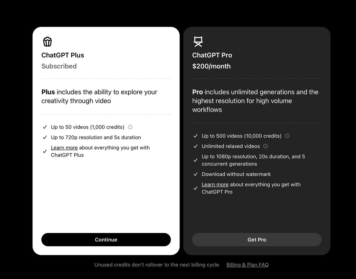 EHuanglu's tweet image. Sora is out!

Link in comment.

ChatGPT Plus - $20/month:
- 50 videos (1,000 credits) 
- Up to 720p resolution and 5s duration

ChatGPT Pro - $200/month
- 500 videos (10,000 credits)
- Unlimited relaxed videos 
- 1080p
- No watermark

$200/month is insane
