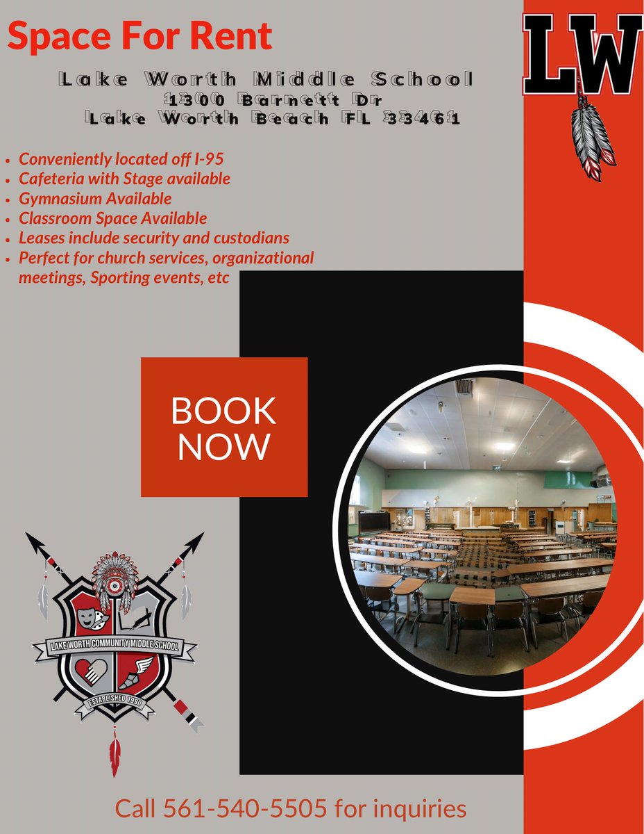 LWMSWarriors's tweet image. Looking for event space? Our cafeteria (with a stage!), gymnasium, and classrooms are available for lease—perfect for church services, meetings, or special events. Includes security &amp;amp; custodians. Conveniently located off I-95. Contact us today to book! #EventSpace