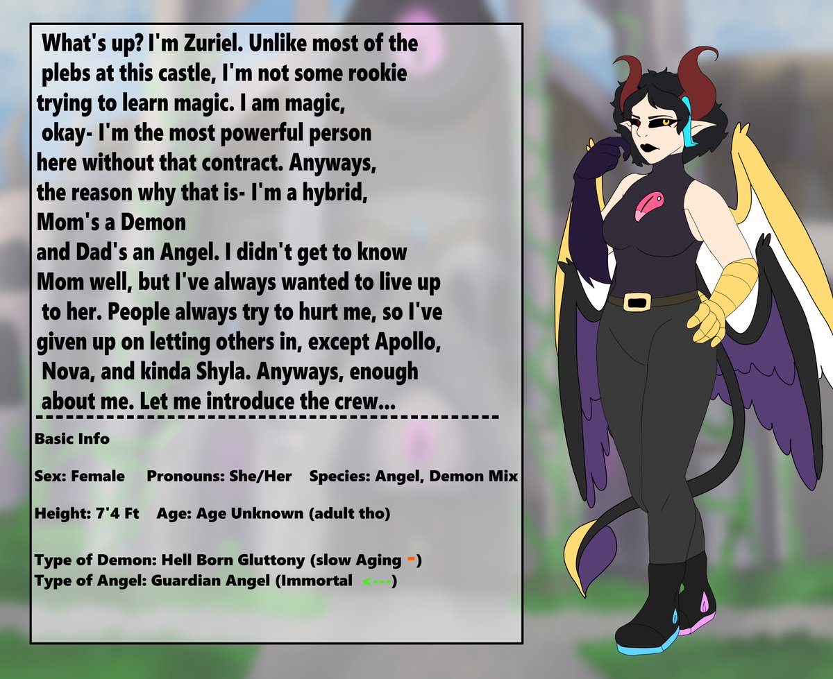 BlessButCurse's tweet photo. Zuriel Character Card!!! get to know this gal A bit
#character #characterdesign #art #oc #ocart #demon #angel #Hybrid #NewShow #cartoon #Card #ABlessingButCursed #Zuriel #drawing https://t.co/u86YVm8a6S