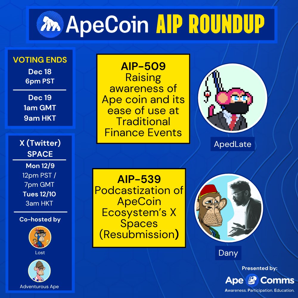 ApeComms goes live today at Noon (PT) with a brand-new ApeCoin AIP Roundup.

Hear directly from the latest proposal author(s) as we discuss their Live AIPs.

Set your reminders and check out the thread below for more details about the proposals ⬇️
x.com/i/spaces/1DXxy…