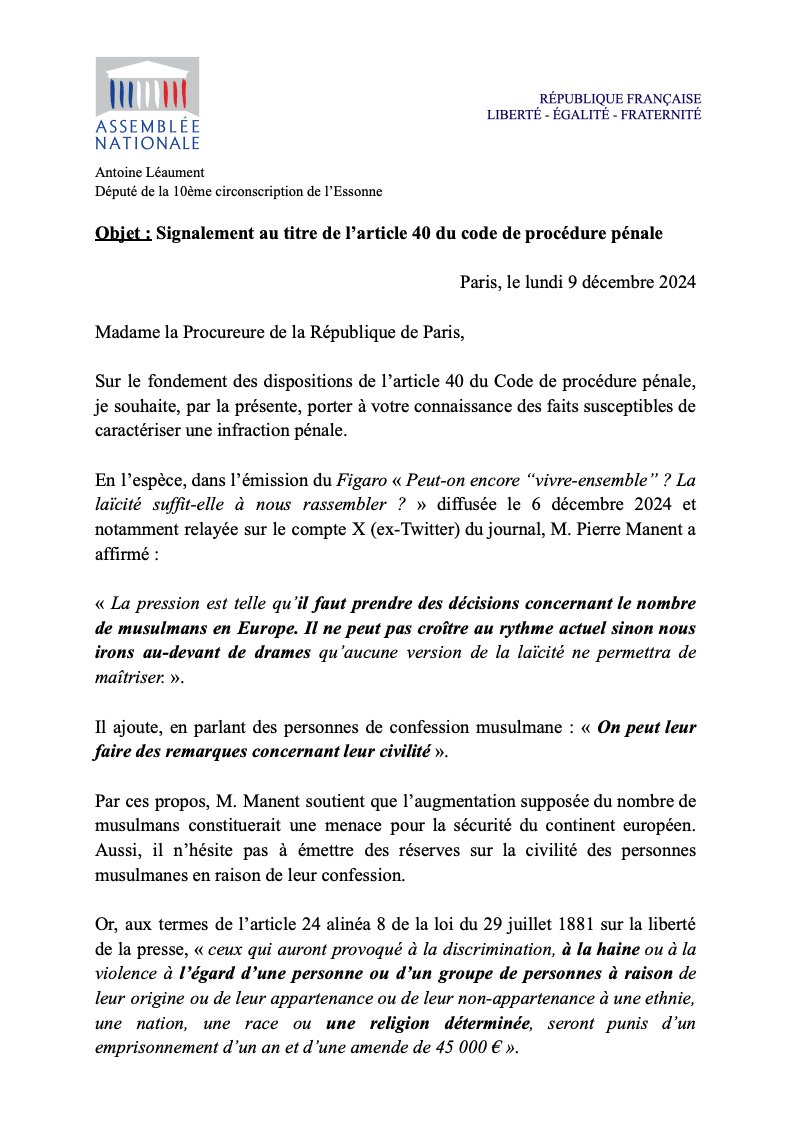 ALeaument's tweet photo. Les propos tenus par M. Pierre Manent contre nos compatriotes musulmans dans une émission du Figaro TV sont indignes.

Je saisis la Procureure de la République de Paris au titre de l'article 40 du Code de procédure pénale. 

🇫🇷 La haine religieuse n'a pas sa place en République. https://t.co/ufVUDQaN6s