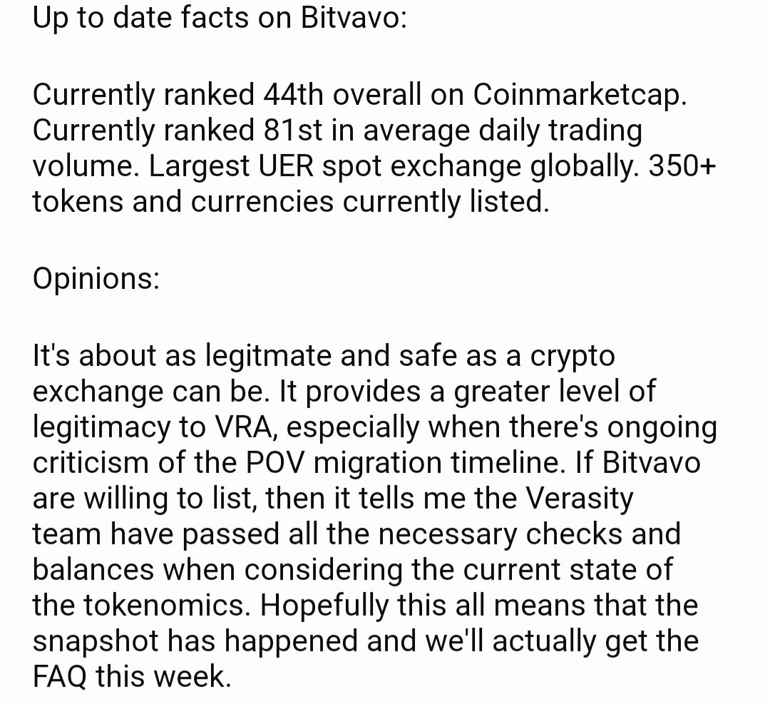 cryptotex13's tweet photo. In the first 3 hours on #Bitavo it has 18% of ALL #verasity trading volume which is SECOND to only #KuCoin.
So you smooth brained $vra bears this matters.
Not a T1 exchange listing but you use these as crypto stepping stones to the T1 exchanges.
#VRA Patience = $$$$ https://t.co/elFoOfZ9WS