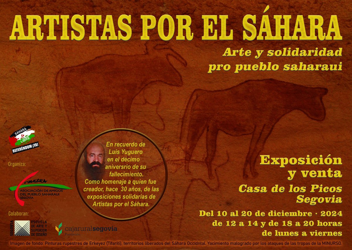SaharaSegovia's tweet photo. 🎨 ARTISTAS POR EL SÁHARA 

👉🏻 A partir de mañana y hasta el día 20 podréis disfrutar, un año más, de Artistas por el Sáhara. Una exposición de arte donde os podréis hacer con cuadros de diversa temática. 

🕐 De 12:00 a 14:00 y de 18:00 a 20:00 horas
📅 De lunes a viernes https://t.co/GYAnKo69EJ