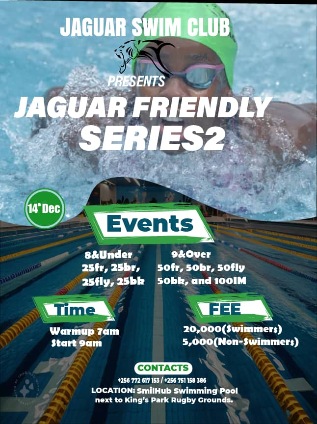 The year's finale is here. Our swimmers are ready to close the year the way they started it - ON A HIGH. 

The Jaguar Swim Club friendly series is happening this Saturday at our home pool, next to Kings Park Arena, Bweyogerere. 

Come watch speed merchants on water.