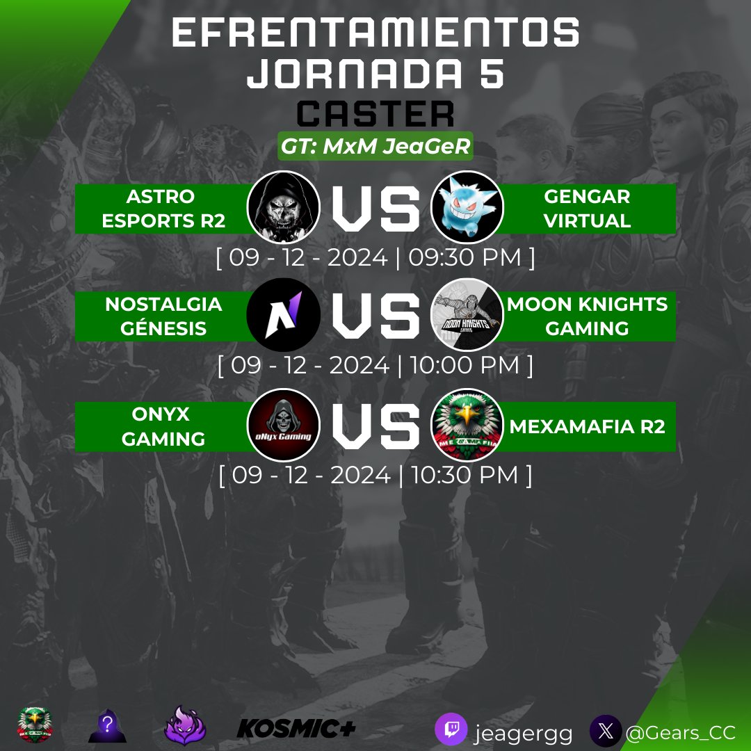 Gears Community Cup (@gears_cc) on Twitter photo Hoy es noche de leyendas en el GCC! ⚔️ Conéctate a Twitch y sigue los choques épicos de la Jornada 5. 🔥 Caster GT: MxM JeaGeR, Axpulls eT y MxM S3 R Lz narrarán los mejores enfrentamientos de Astro Esports R2, Onyx Gaming, Team One y más. 🌟 ¡Descúbrelo desde las 8:30 PM! 🎮 Hoy es noche de leyendas en el GCC! ⚔️ Conéctate a Twitch y sigue los choques épicos de la Jornada 5. 🔥 Caster GT: MxM JeaGeR, Axpulls eT y MxM S3 R Lz narrarán los mejores enfrentamientos de Astro Esports R2, Onyx Gaming, Team One y más. 🌟 ¡Descúbrelo desde las 8:30 PM! 🎮
