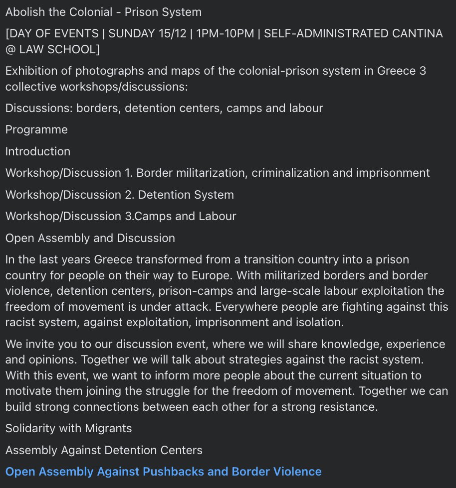 Να καταργήσουμε το Αποικιακό - Φυλακιστικό Σύστημα
[Ημέρα Εκδηλώσεων | Κυριακή 15/12 | από τις 13:00 ως τις 22:00 | ΑΚΝ]

Abolish the Colonial - Prison System
[Day of events | Sunday 15/12 | 1pm-10pm | Self-administrated cantina @ Law School]

#antireport #refugeesGr