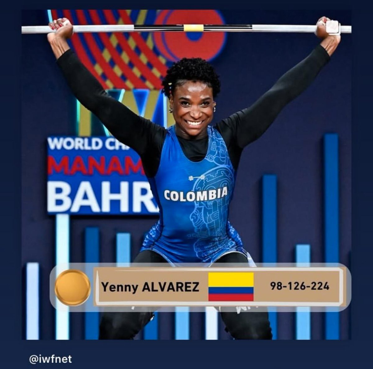 ¡Orgullo nacional! 🇨🇴 Yenny Álvarez, del Equipo Bogotá, ganó 2 bronces en el Mundial de Levantamiento de Pesas en Bahrein. En la categoría 59 kg, logró 126 kg en envión y 224 kg en total olímpico, destacándose entre las mejores del mundo. ¡Grande, Yenny!
📸: Cortesia IWF