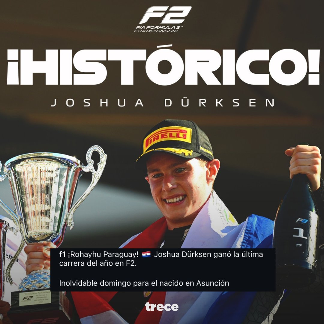trecepy's tweet photo. LOCURA❤️‍🔥

🏎️ La página oficial de Instagram de la Fórmula 1 felicitó en guaraní al compatriota Joshua Duerksen por su victoria en la última carrera del año de la @formula2 en Abu Dhabi.

📷: f1 (IG)

#Trece #SiempreConectados https://t.co/SKWEetbxuU