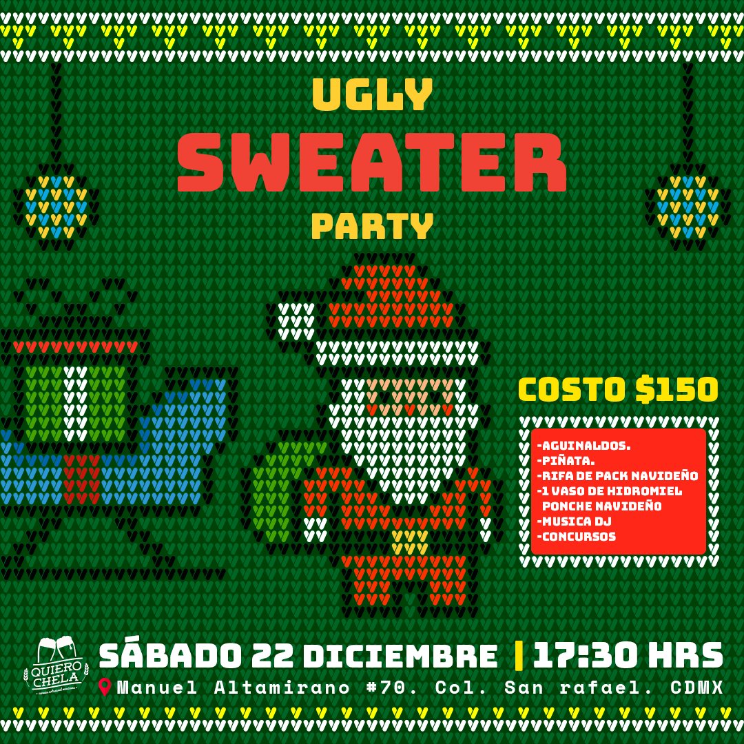 Quierochelamx's tweet photo. 📅 Sábado 21 de diciembre
💲 Cover: $150
Prepárate para una noche llena de diversión con:

🎁 Concurso de Ugly Sweaters 
🎉 Aguinaldos y piñata 
🎁 Rifa de un Pack Navideño 
🎶 DJ en vivo 
🏆 Concursos y sorpresas
🍹 Incluye un vaso de Hidromiel Ponche Navideño https://t.co/LidqQpaolh