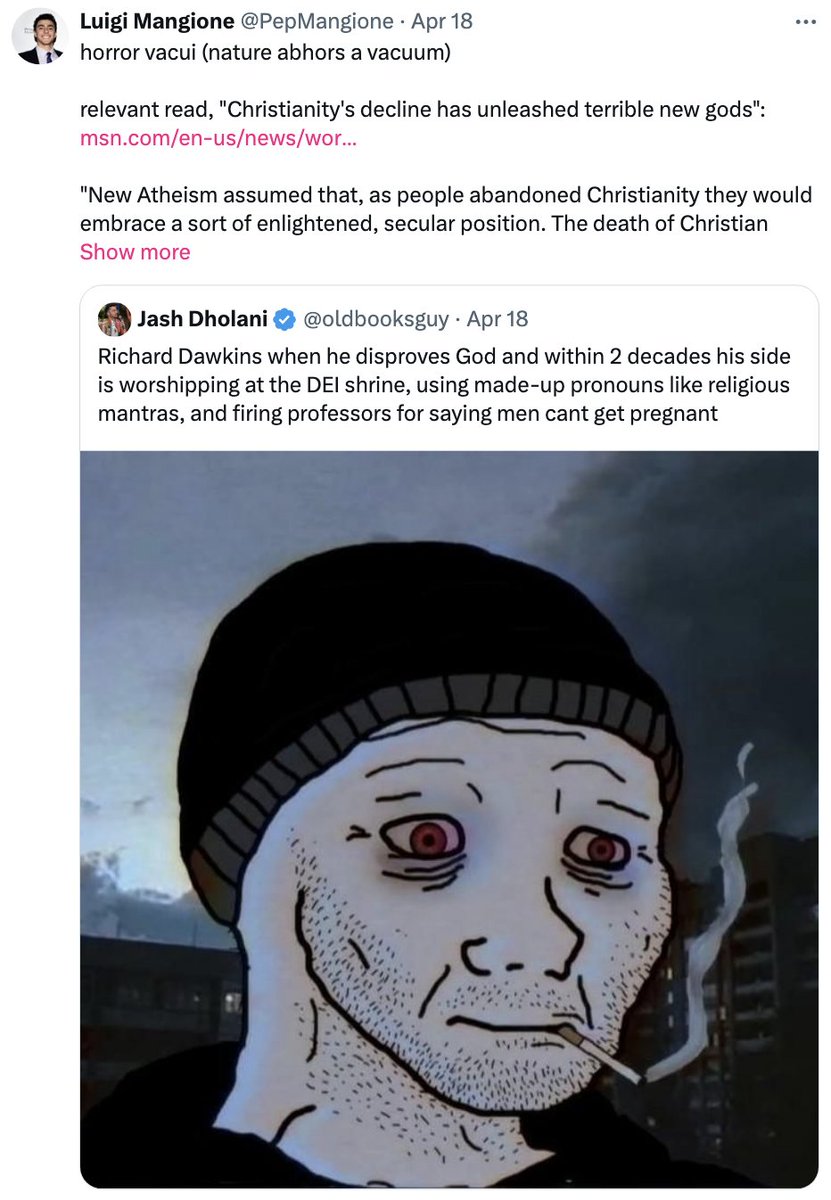 AriDrennen's tweet photo. Person of Interest in the UHC CEO killing Luigi Mangione is being painted as left-wing by the New York Post but his X account shows someone whose thinking is shaped by the Online Right https://t.co/qxBznzWOCo