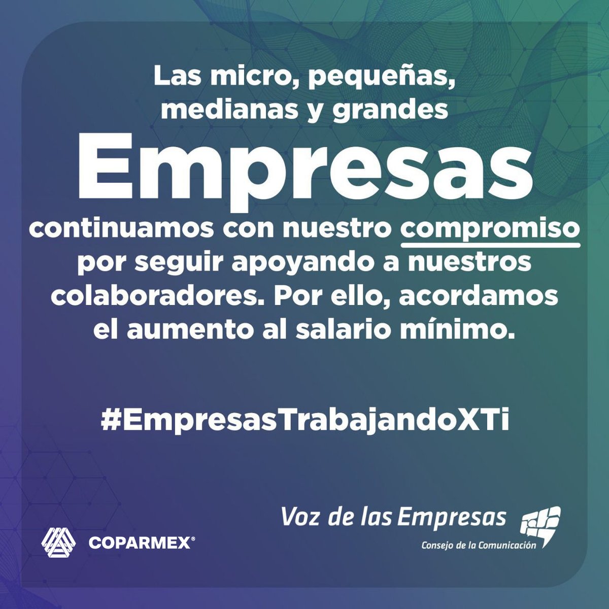 Coparmex's tweet photo. 🔵 En #Coparmex consolidamos nuestro compromiso con México y con los trabajadores por una #VidaDigna y un #IngresoDigno. 🤝
🇲🇽 Para el sector privado nuestra dimensión social es fundamental. 🙋♀️🙋♂️#EmpresasTrabajandoXTi https://t.co/xwUcRPrYS8