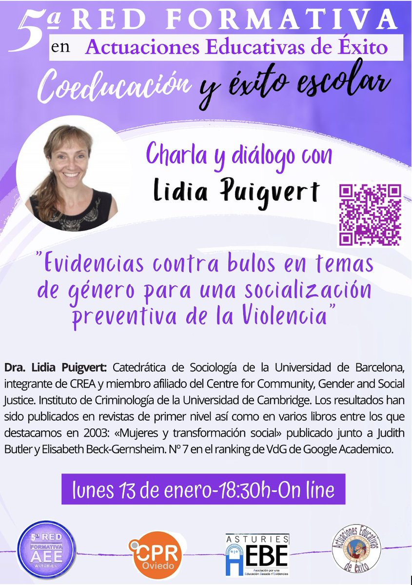 Con mucha ilusión compartimos esta charla y diálogo on line del próximo 13 de enero con Lidia Puigvert sobre:

💜Evidencias contra bulos en temas de género para una socialización preventiva de la violencia💜

Personas interesadas: forms.gle/BatZLPVsMxwCBm…

#formacionenevidencias
