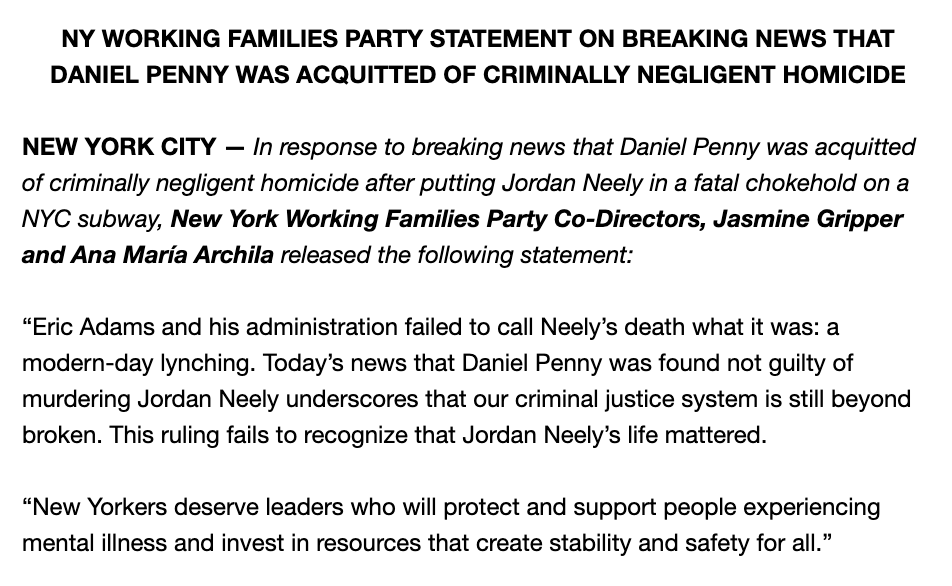 Eric Adams and his administration failed to call Jordan Neely’s death what it was: a modern-day lynching. 

Today’s news that Daniel Penny was found not guilty of murdering Jordan Neely underscores that our criminal justice system is still beyond broken.