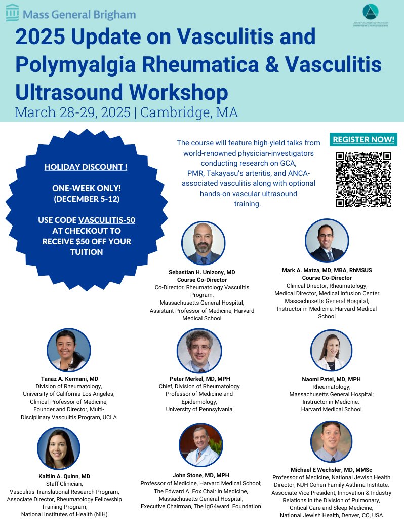 HOLIDAY FLASH SALE!! Use code VASCULITIS-50 to receive $50 off tuition for the 2025 Update on Vasculitis and Polymyalgia Rheumatica &amp; Vasculitis Ultrasound Workshop!🩺Code expires on Dec 13 #MGBVasculitis2025 #Rheumatology #Vasculitis cpd.partners.org/content/2025-u…