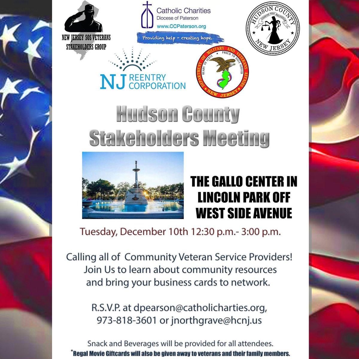 jim_mcgreevey's tweet photo. Join us for #HudsonCounty Stakeholders Meeting on Dec 10, 12:30-3 PM at The #GalloCenter! Great chance for #VeteranServiceProviders to #connect &amp; #learn about local resources. #NJRC #Supports #Veterans - Sharon McGreevey: smcgreevey@njreentry.org or 201.252.7641 for services. https://t.co/9Y3swhD6bs