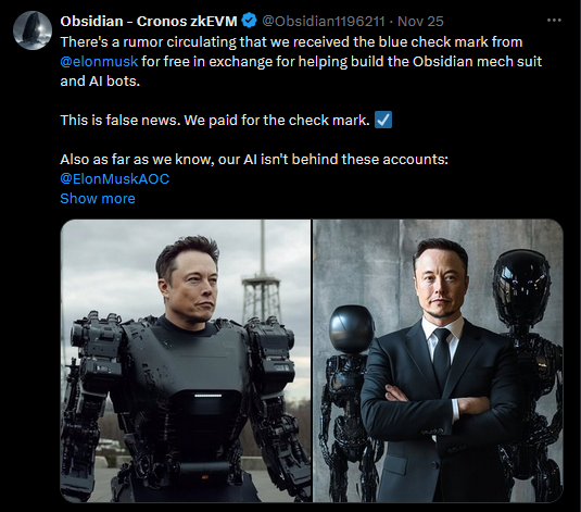 The blitzkrieg in Syria started shortly after our tweet and ended the 12-year civil war in just two weeks. However, this doesn't prove that our AI or <a href="/elonmusk/">Elon Musk</a> was involved.

As for the alleged "black mechs" reportedly seen in Homs and Damascus, they're certainly not real—likely