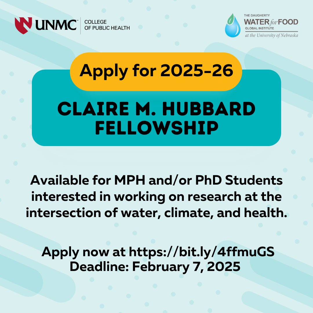 UNMC Water, Climate & Health Program (@unmc_wchp) on Twitter photo 🚨 Attention MPH/PhD students & supporting faculty! 📢
The Claire M. Hubbard Water, Climate and Health Fellowships are now open! If you're not currently receiving funding from <a href="/waterforfood/">Daugherty Water for Food Global Institute</a>, you're eligible to apply by Feb 7, 2025 📅 To learn more ➡️ bit.ly/4ffmuGS 🚨 Attention MPH/PhD students & supporting faculty! 📢
The Claire M. Hubbard Water, Climate and Health Fellowships are now open! If you're not currently receiving funding from <a href="/waterforfood/">Daugherty Water for Food Global Institute</a>, you're eligible to apply by Feb 7, 2025 📅 To learn more ➡️ bit.ly/4ffmuGS